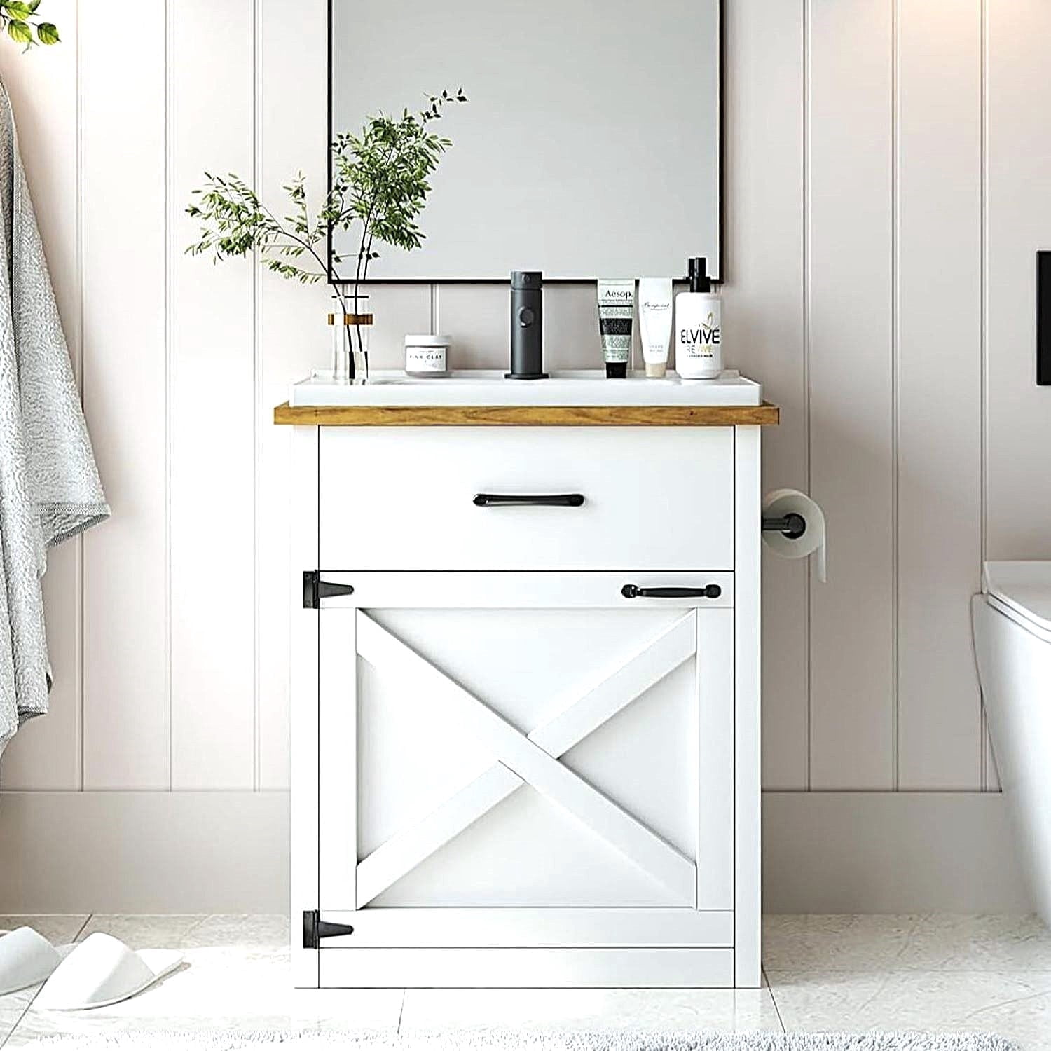 DreamCurship Farmhouse Bathroom Vanity with Sink, Freestanding Sliding Barn Door Drawer, Ceramic Sink, 24 Inch, White