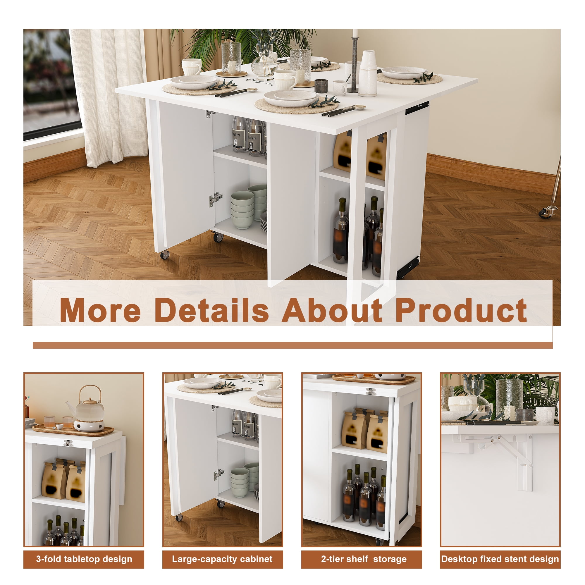Mintazer 3‑in‑1 Folding Dining Table with 4 Large Storage Shelves & Storage Compartments, Multi‑Mode Convertible Table Cabinet with Lockable Wheels for Small Space Kitchen Apartment, White