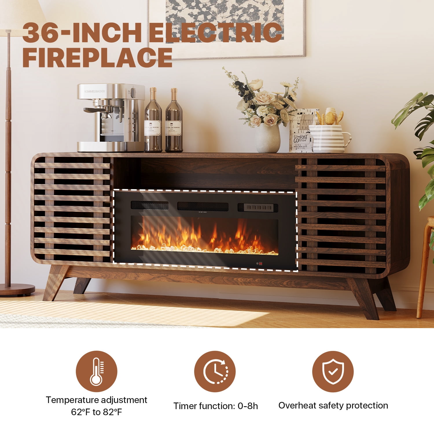 Sonegra Fireplace TV Stand with 36" Electric Fireplace, Mid Century Modern Entertainment Center with Led Lights for 80" TVs , Wood Media Console with Slatted Sliding Doors for Living Room, Brown