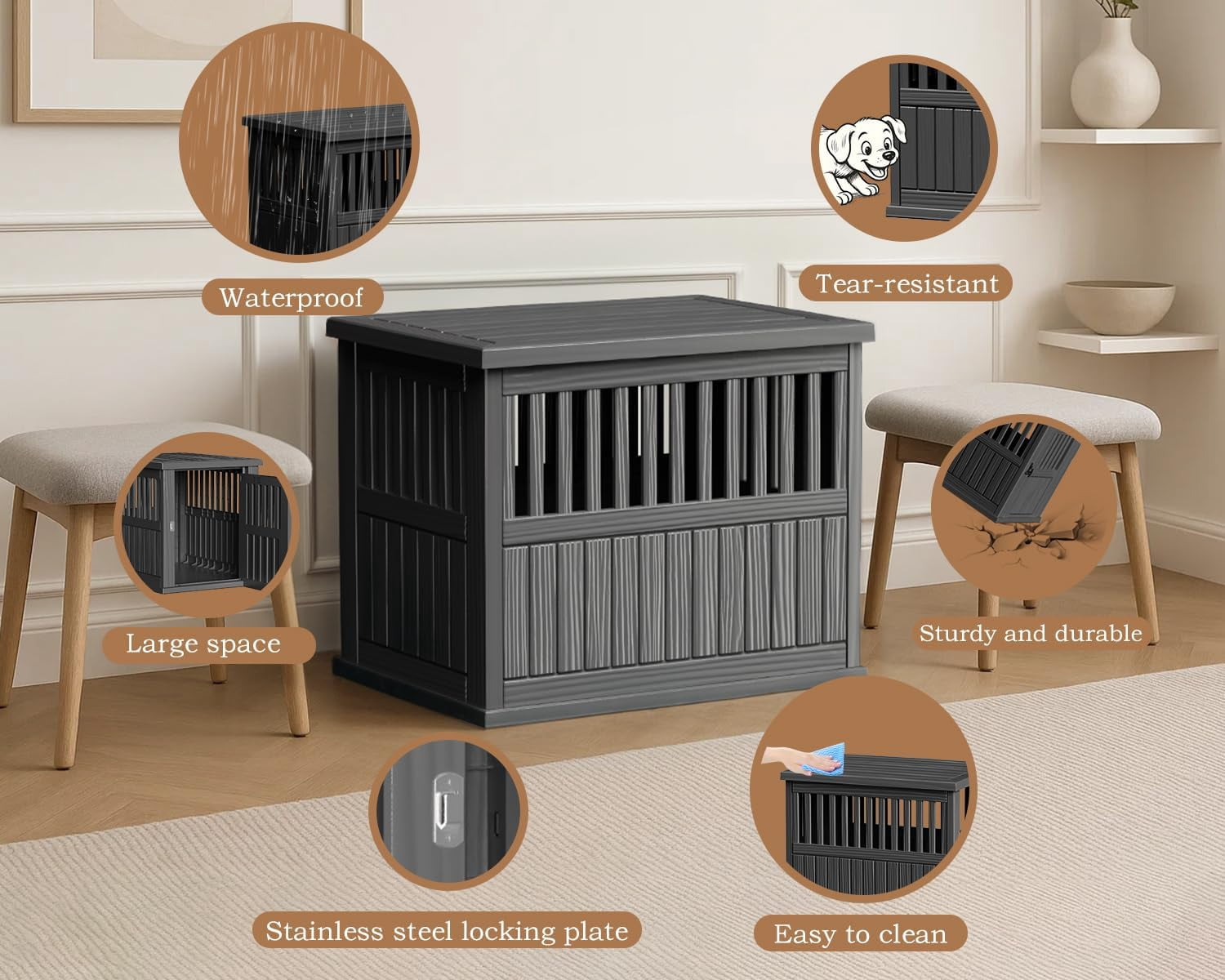 Dog Crate Furniture for Small to Medium Dogs,Decorative Resin Kennel Indoor,Multifunctional Dog Crate with Locking Buckle,End Table,Durable and Sturdy(Black 29.65 * 21.34 * 25.28)
