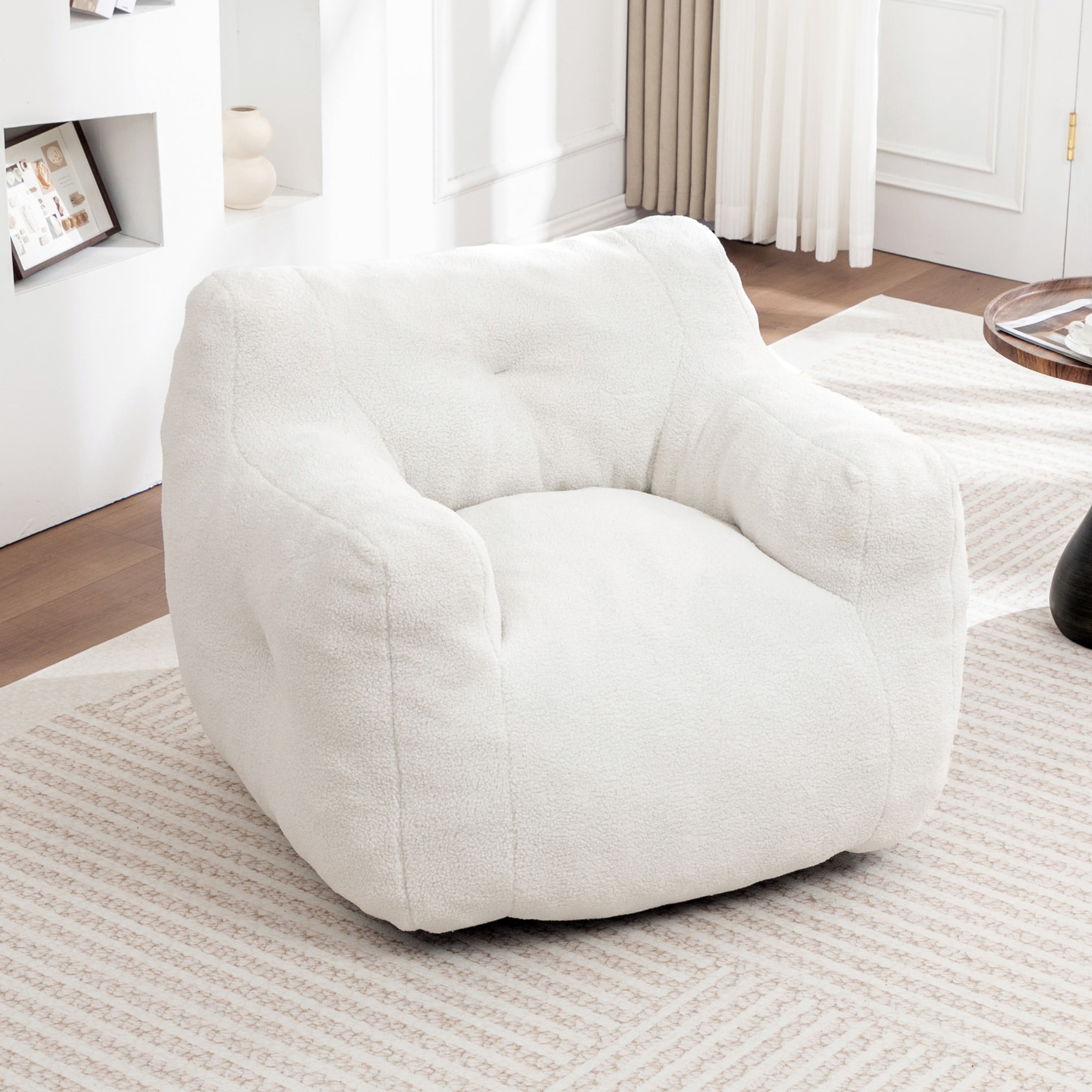 Bean Bag Chair for Adults, Memory Foam Bean Bag Sofa with Armrests, Lazy Floor Chair for Living Room Bedroom Reading, White