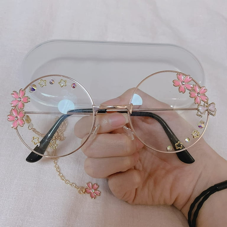 Votange Kawaii Round Glasses For Womens: With Kawaii Chain Accessories For  Outfits Cosplay Sakura Flower Circle Cute Eyeglasses