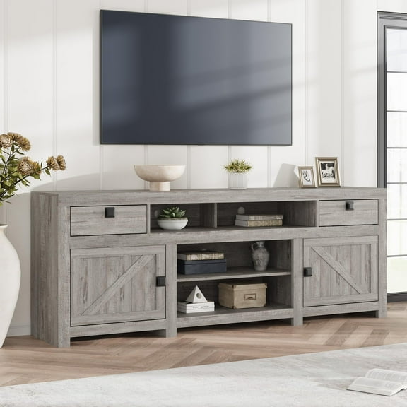 Farmhouse TV Stand for 75/80 Inch TVs, 70" Long Entertainment Center with 4 Storage Drawers & 3 Open Shelf, Grey Television Consoles Stands for Living Room, Bedroom