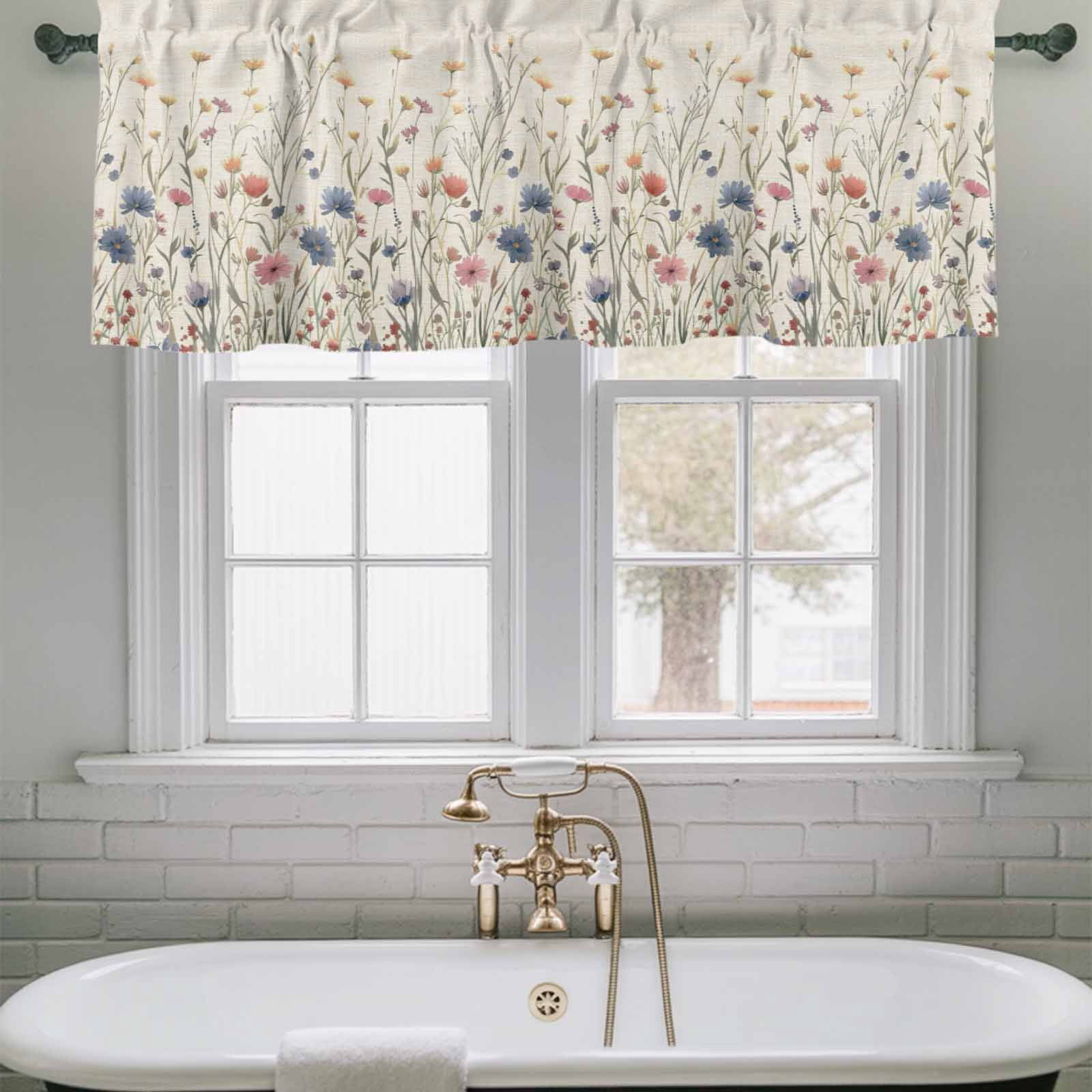 2 Pack Floral Valance for Window Watercolor Leaves Colorful Daisy Linen Background Kitchen Valance Rod Pocket Short Curtain Topper Decorative Window Treatment for Living Room Bedroom 54"x18"