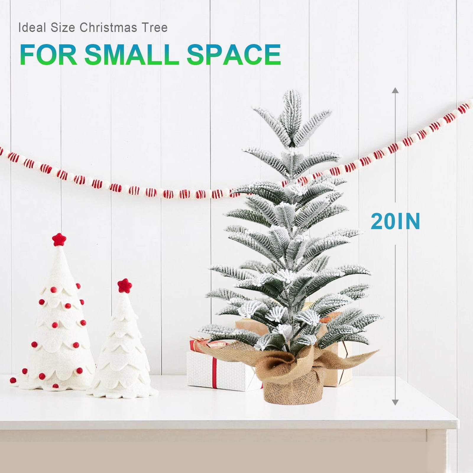 Full PE Realistic Snowy Mini Christmas Tree 50cm with 85 Tips Flocked Finish Weighted Cement Base Burlap Wrap Compact Tabletop Holiday Decor