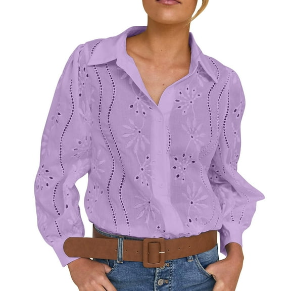 Lenpel Button down Shirts for Women Trendy Long Sleeve Collared Hollow out Embroidered Tops Dressy Casual Blouses(Purple,X-Small)
