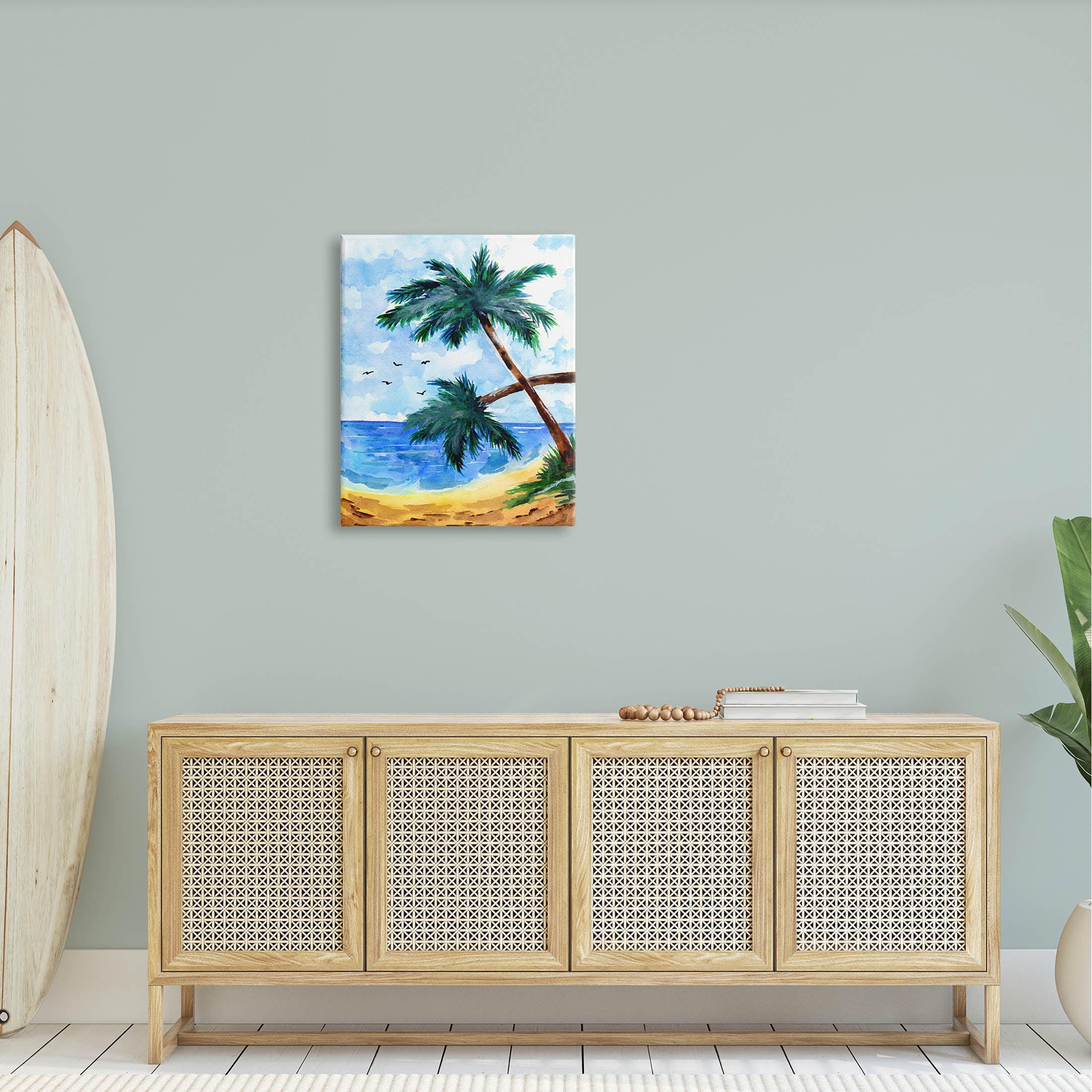Tropical Beach Palms Birds Flying Coastal Painting Gallery Wrapped Canvas Print Wall Art