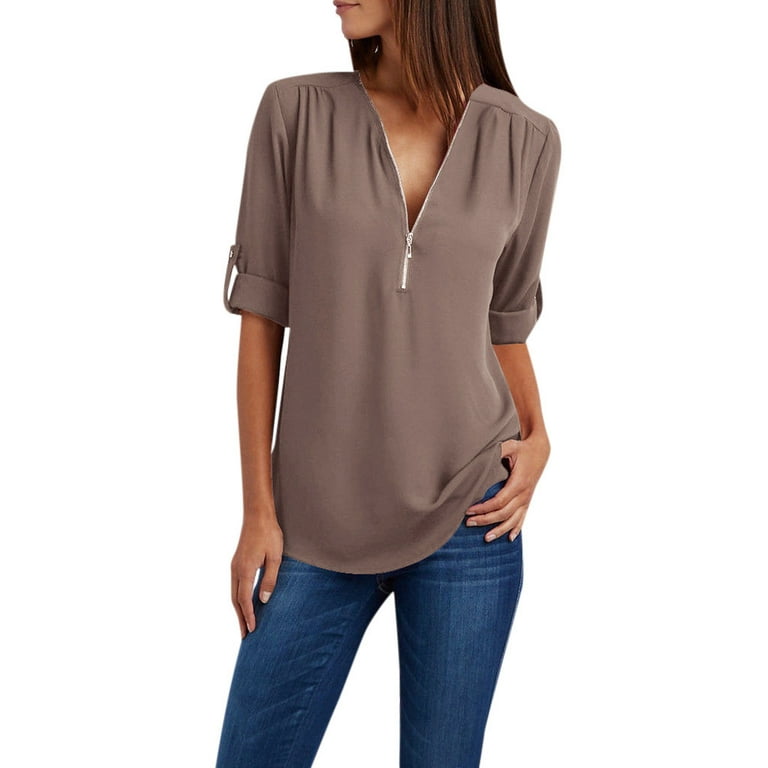 Zanvin Womens Fall Fashion Tops 2022 Clearance, Womens Summer Long Sleeve  Shirts Zip Casual Tunic V-Neck Rollable Blouse Tops Coffee XXXXXL, Gifts  for Women 