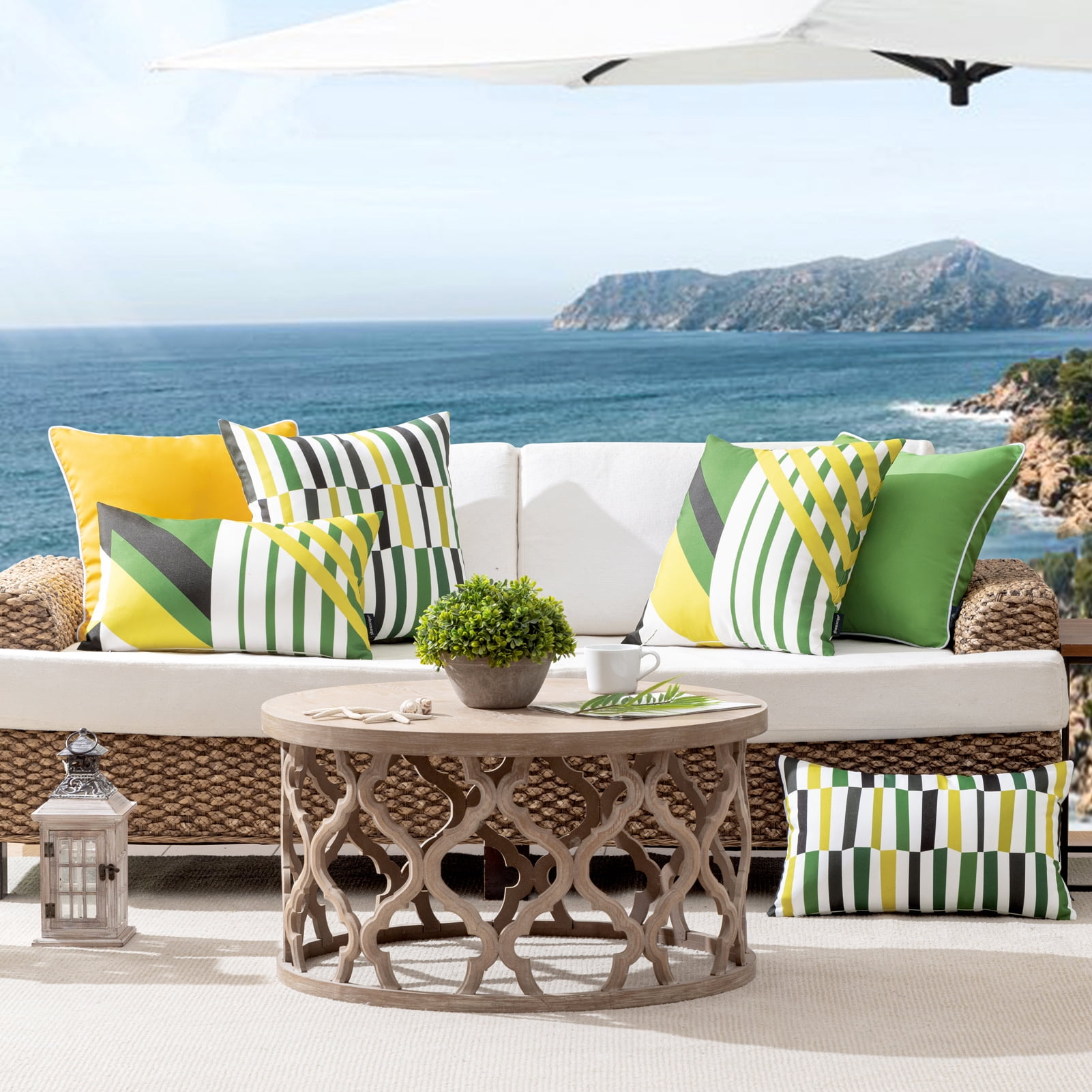 Phantoscope 2 Pack Waterproof Outdoor Decorative Throw Pillow 12x20, Geometric Color Block Patio Cushion Cases for Couch & Tent, Dark Green