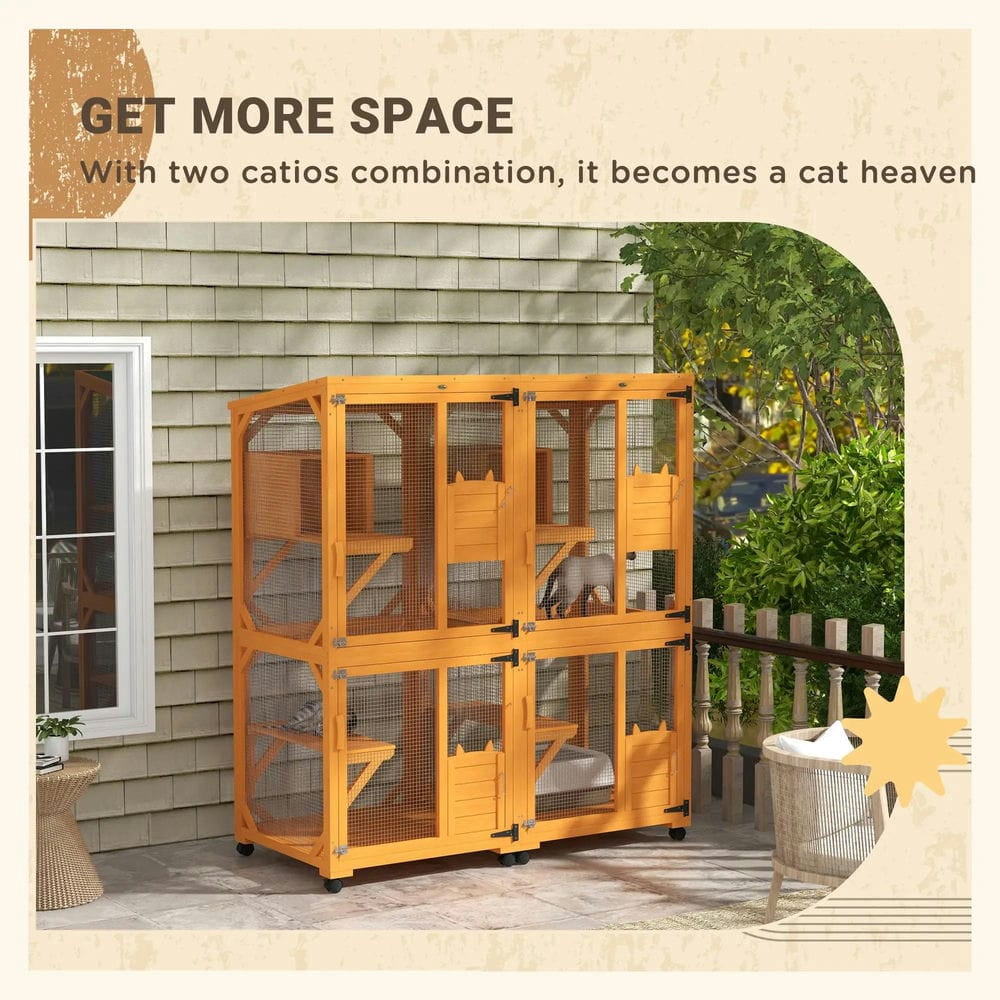 Topcobe Large Cat House for 1-3 Cats on Wheels Wooden Catio Enclosure, Outside Pet Shelter, Small Animal Habitat, Orange