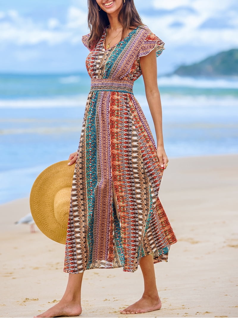 flutter sleeve maxi dress formal Ever-Pretty Floral Print Flutter Sleeve Side Split Maxi Formal Dress