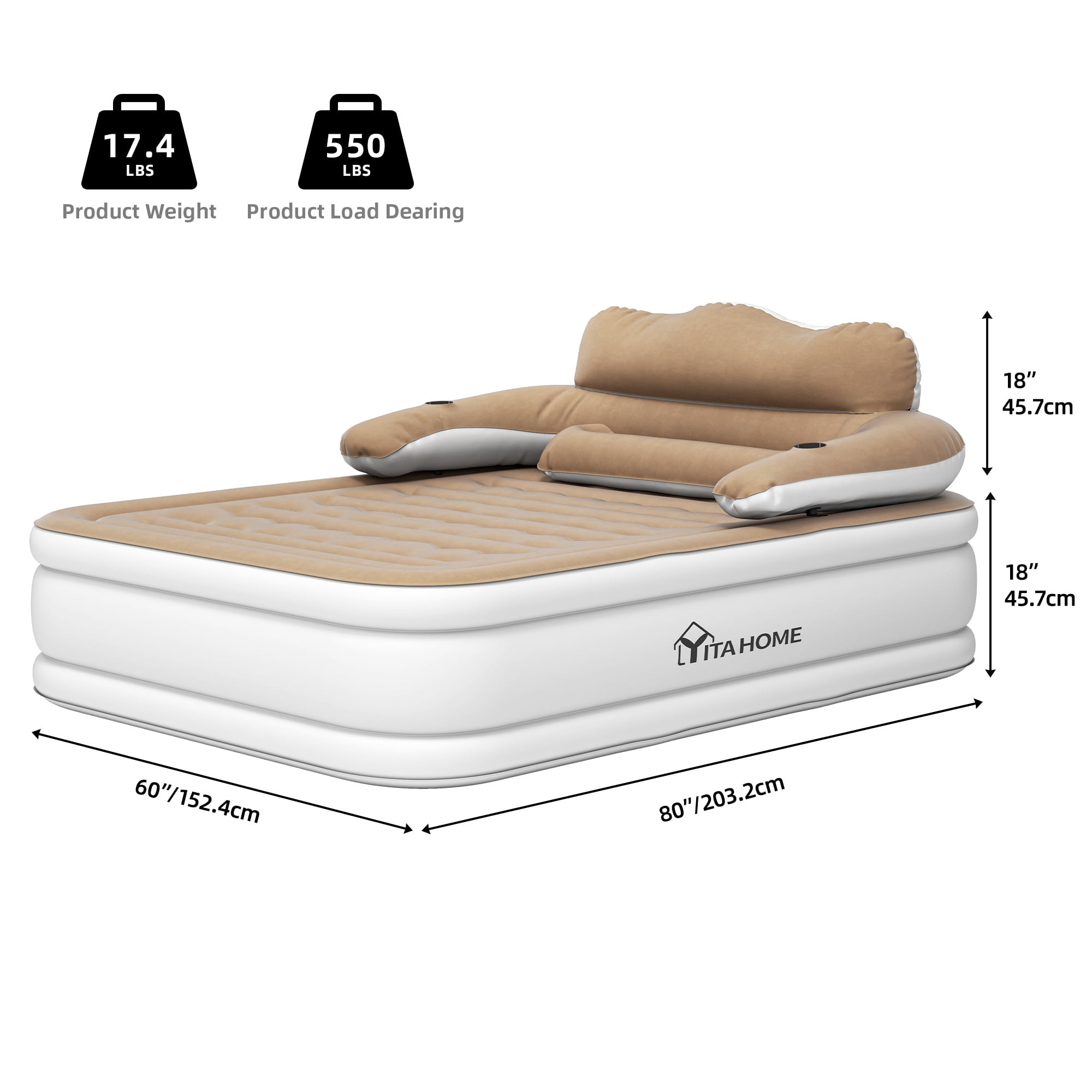 Uforic Queen Size Inflatable Air Mattress 18in Height with Headboard & Built-In Electric Pump, Carry Bag & Extra Nozzles for Home Camping Travel, Brown