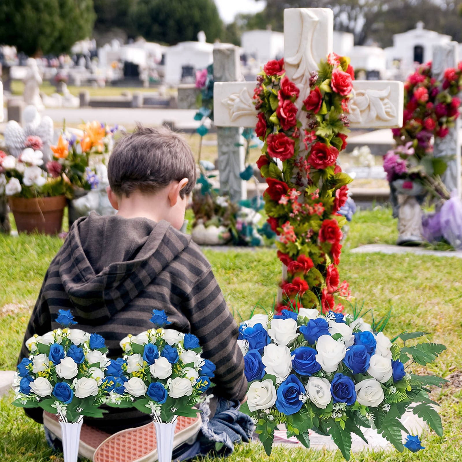Artificial Cemetery Flower Bouquet with Saddle Weather-Resistant Realistic Silk Rose Memorial Arrangement Lasting Grave Decor for Headstones, Memorials & Cemetery Visits
