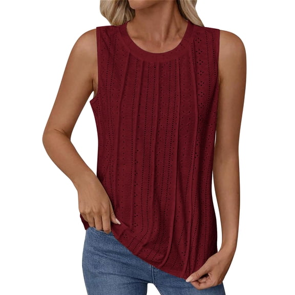 tarylea Women's Tank Tops Eyelet Pleated Front Crewneck Sleeveless Summer Dressy Casual Vacation Blouses Tees