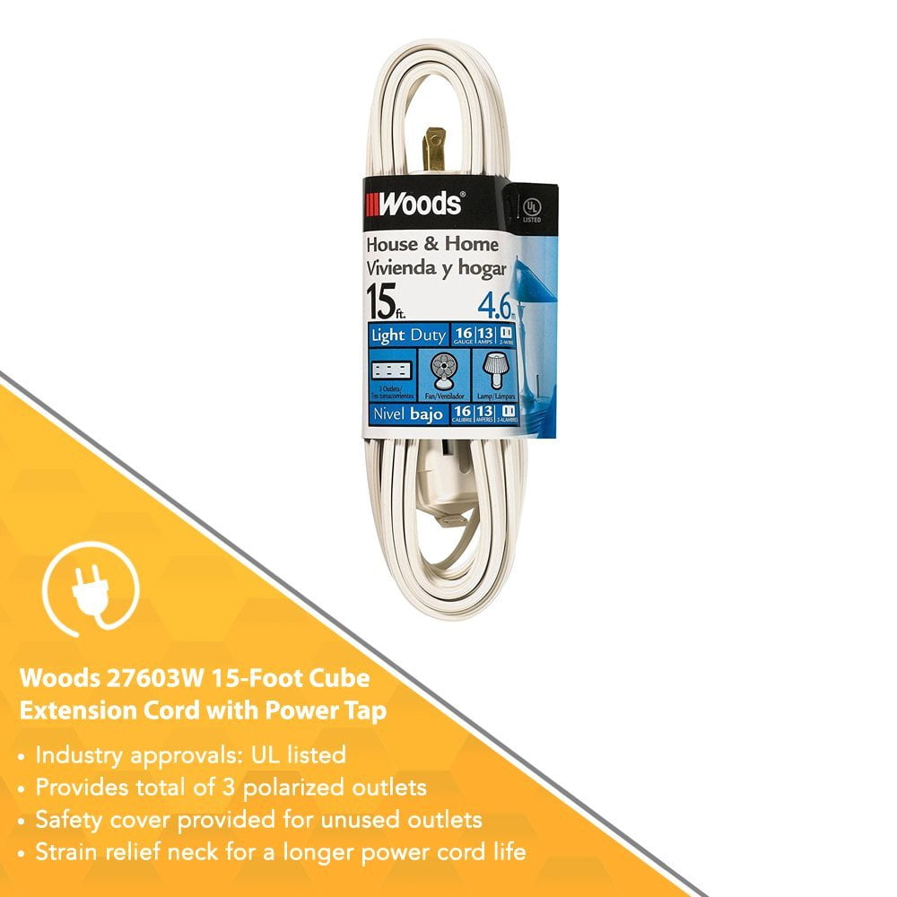 Woods 15-Foot Cube Extension Cord with Power Tap, White