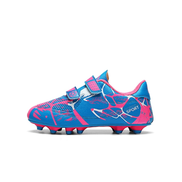 Daeful Crampons de Soccer pour Enfants à Bande Magique Chaussures de Soccer Bout Rond Espadrilles de Sport Entraînement Légères Flexibles Basses Chaussures de Course FG Crampons Rose 3Y