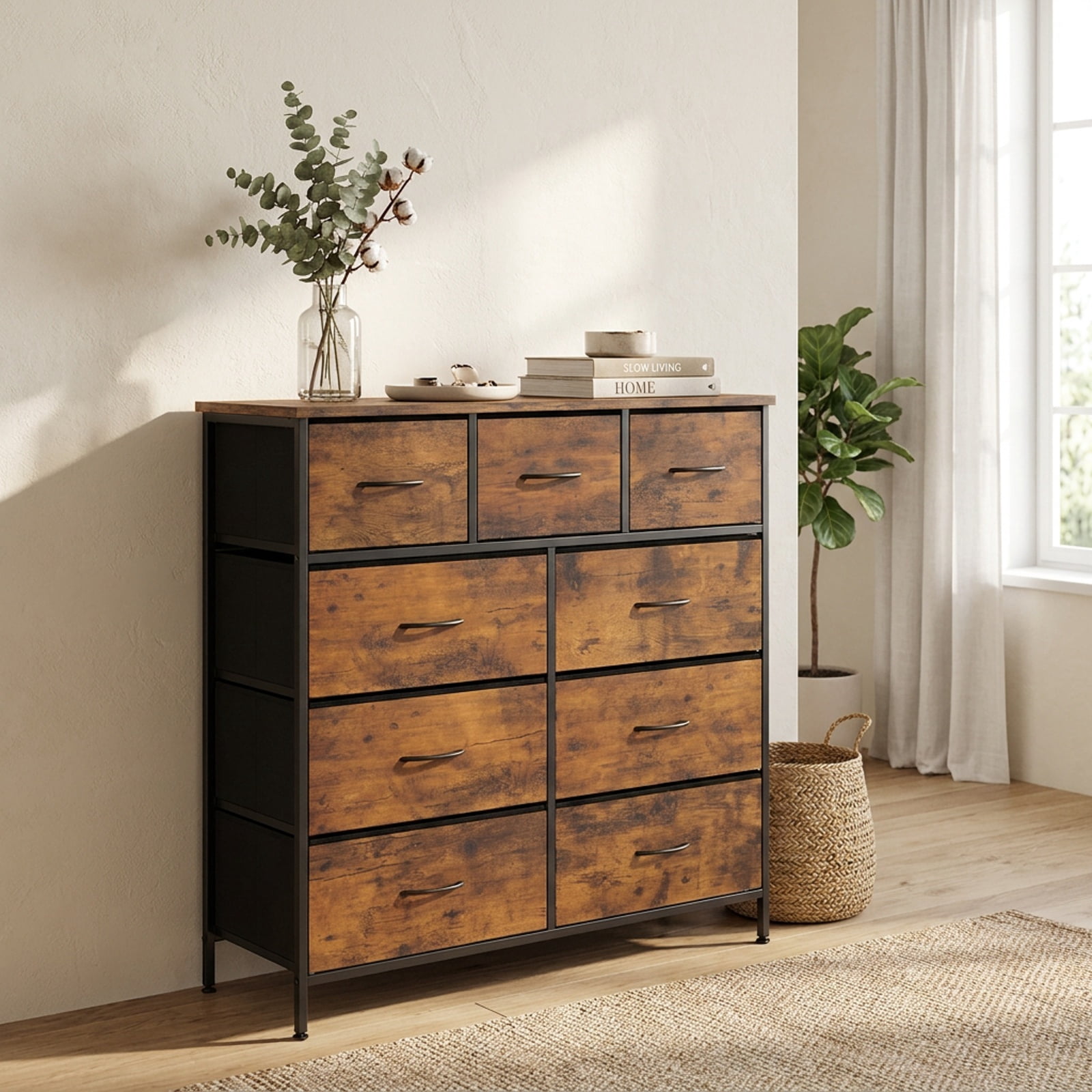 Furnibear 9-Drawer Fabric Dresser with Wooden Top for Bedroom for Bedroom Closet Living Room Nursery Clothes Storage, Rustic Brown
