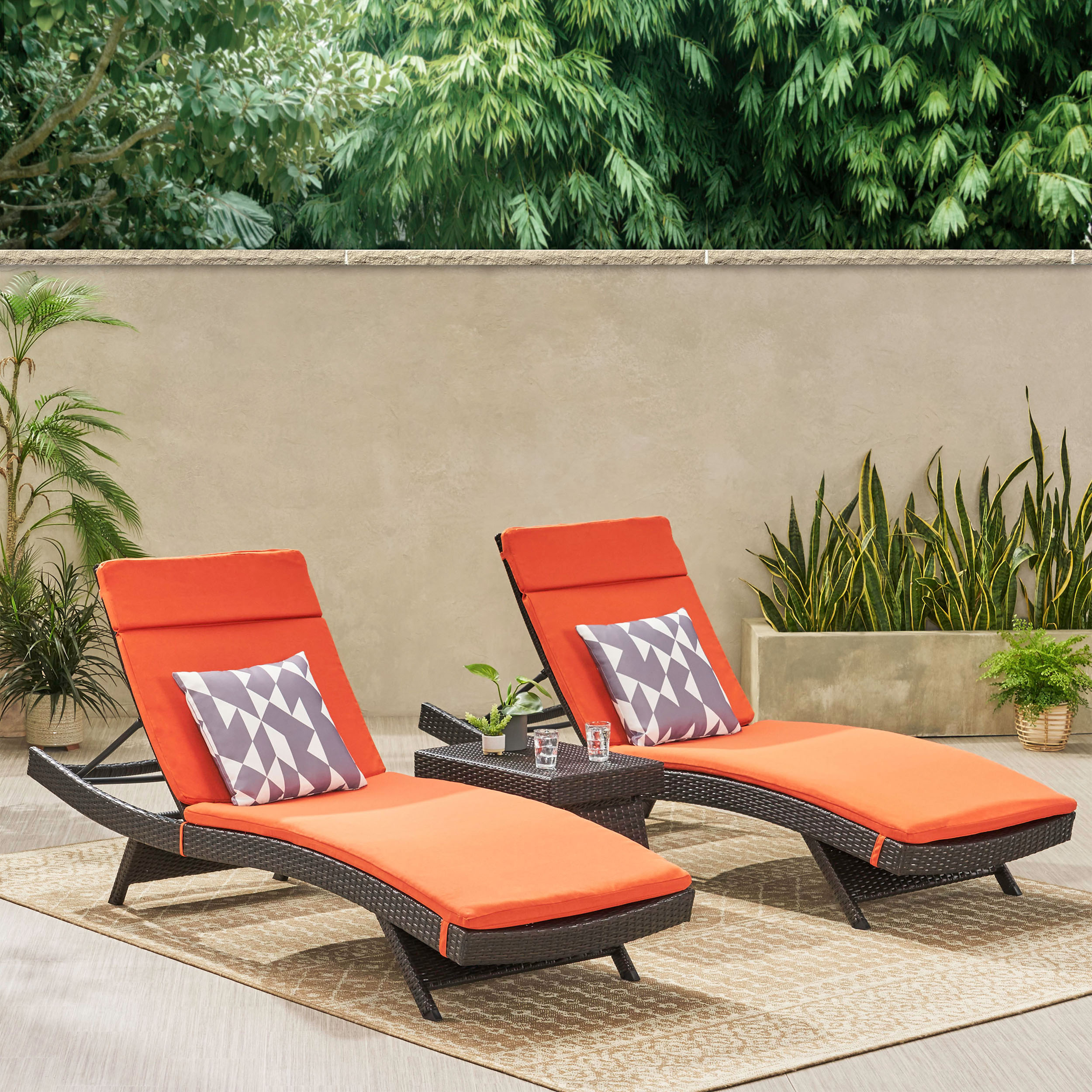 GDF Studio Olivia Outdoor Wicker 3 Piece Armless Adjustable Chaise Lounge Chat Set with Cushions, Multibrown and Orange - image 2 of 13