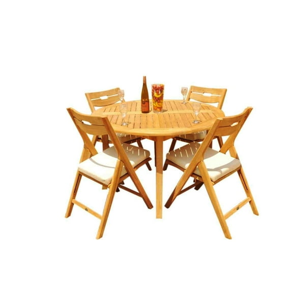 Grade-A Teak Dining Set: 4 Seater 5 Pc: 52" Round Table And 4 Surfliner Folding Reclining Arm Chairs Outdoor Patio WholesaleTeak #51SL1105