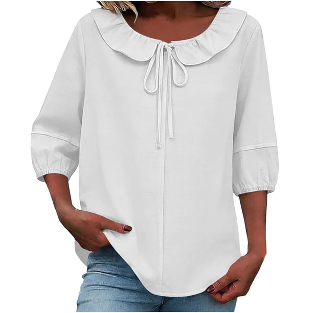 Mujeres Manga Corta Tops 3/4 Manga Blusa Ruffle Puff Cordón de Lino Color Sólido Casual Camisa de Verano