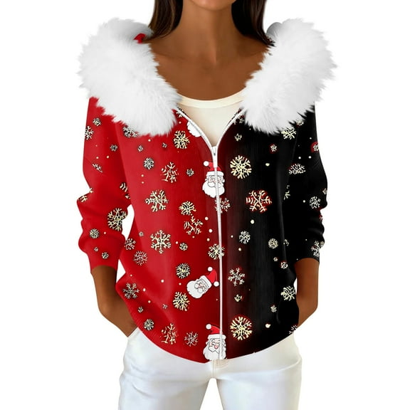 Women's Fashion Casual Sweater Zipper Cardigan, Christmas Snowflake Print Plush Hooded Jacket for Holiday Parties and Cozy Winter Wear,Black,L