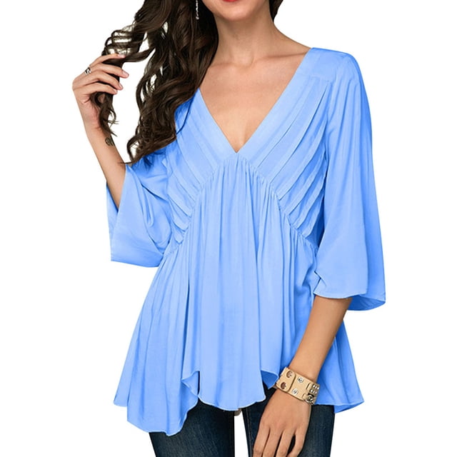 Blouse Femme Col en V Rayée Plissée Manches 3/4 Ourlet Asymétrique