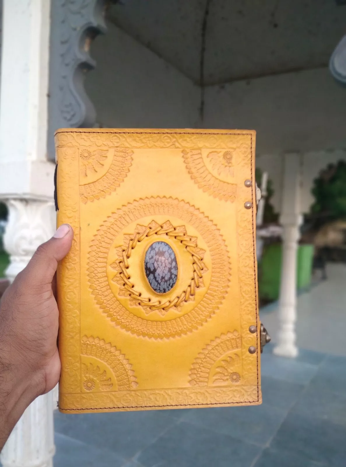 Handcrafted Embossed Design Vintage Leather Bound Journal Diary Healing Obsidian Stone Blank Notebook For Men & Women