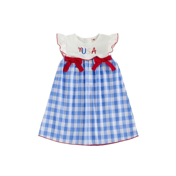 BemeyourBBs Toddler Baby Girls 4th of July Dress Outfit Patriot Independent Day Clothes Little Girl Summer Gingham Dress Casual USA Letter Embroidery Plaid Flutter Sleeves Dress Sundress