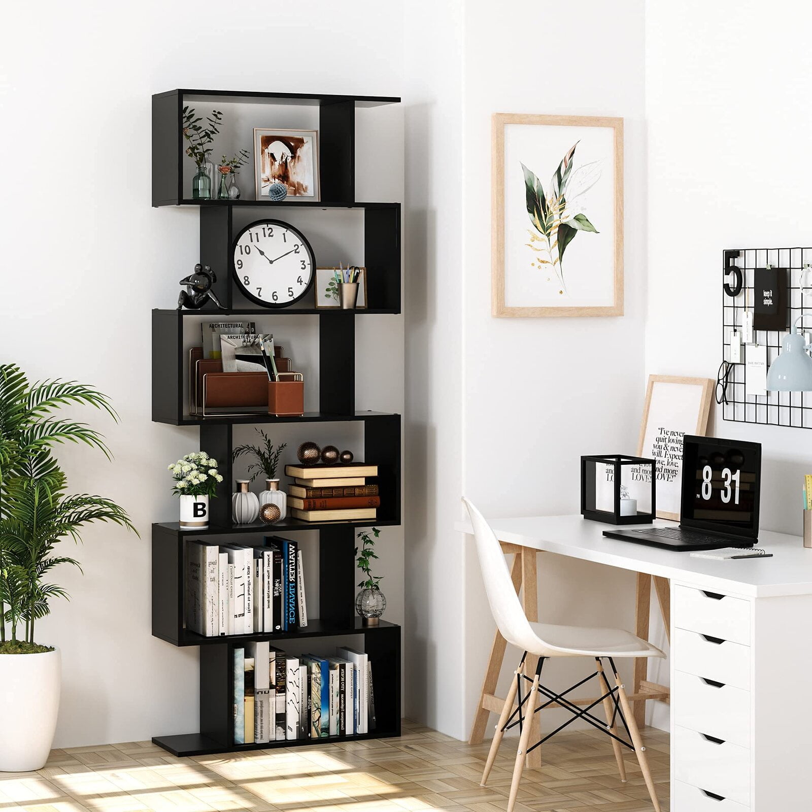 Homfa Geometric Bookcase Wooden Wood S Shape Storage Display Unit Bookcase Bookshelf 6-tier Storage, 75" H x 27.6" W, Black