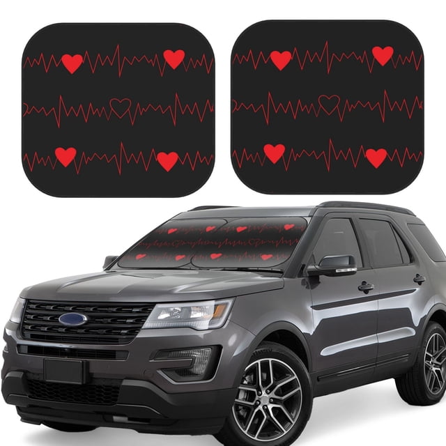 Balery Cardiogram and Heart Parasol para parabrisas de coche de 2 piezas | Parasol plegable para parabrisas delantero de coche para la mayoría de sedanes-Large