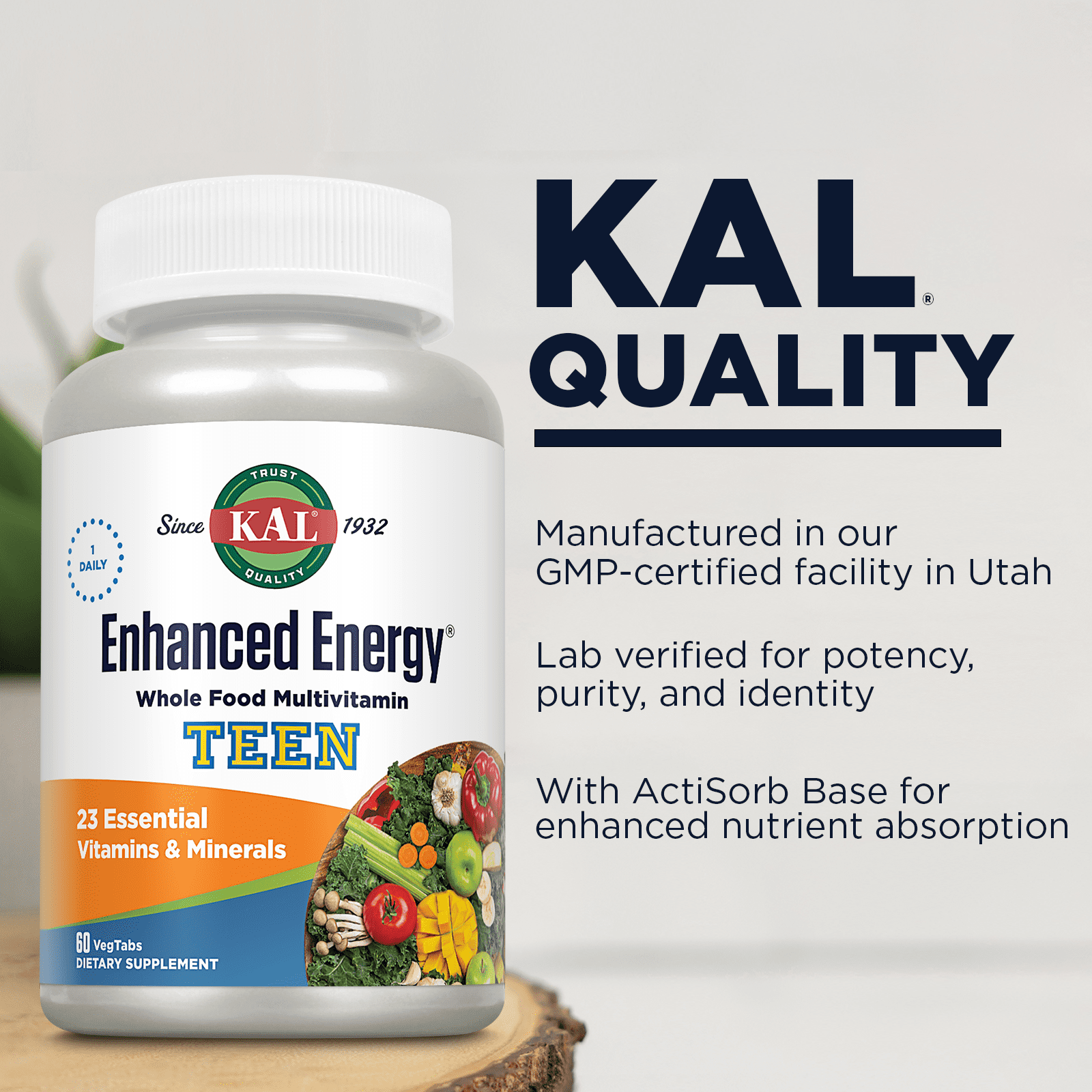 KAL Enhanced Energy Multivitamin for Teens | Memory & Concentration Blend | Equates to 3 Servings of Fruits & Veggies | 32 Ecoganic Foods | 60 Tablets