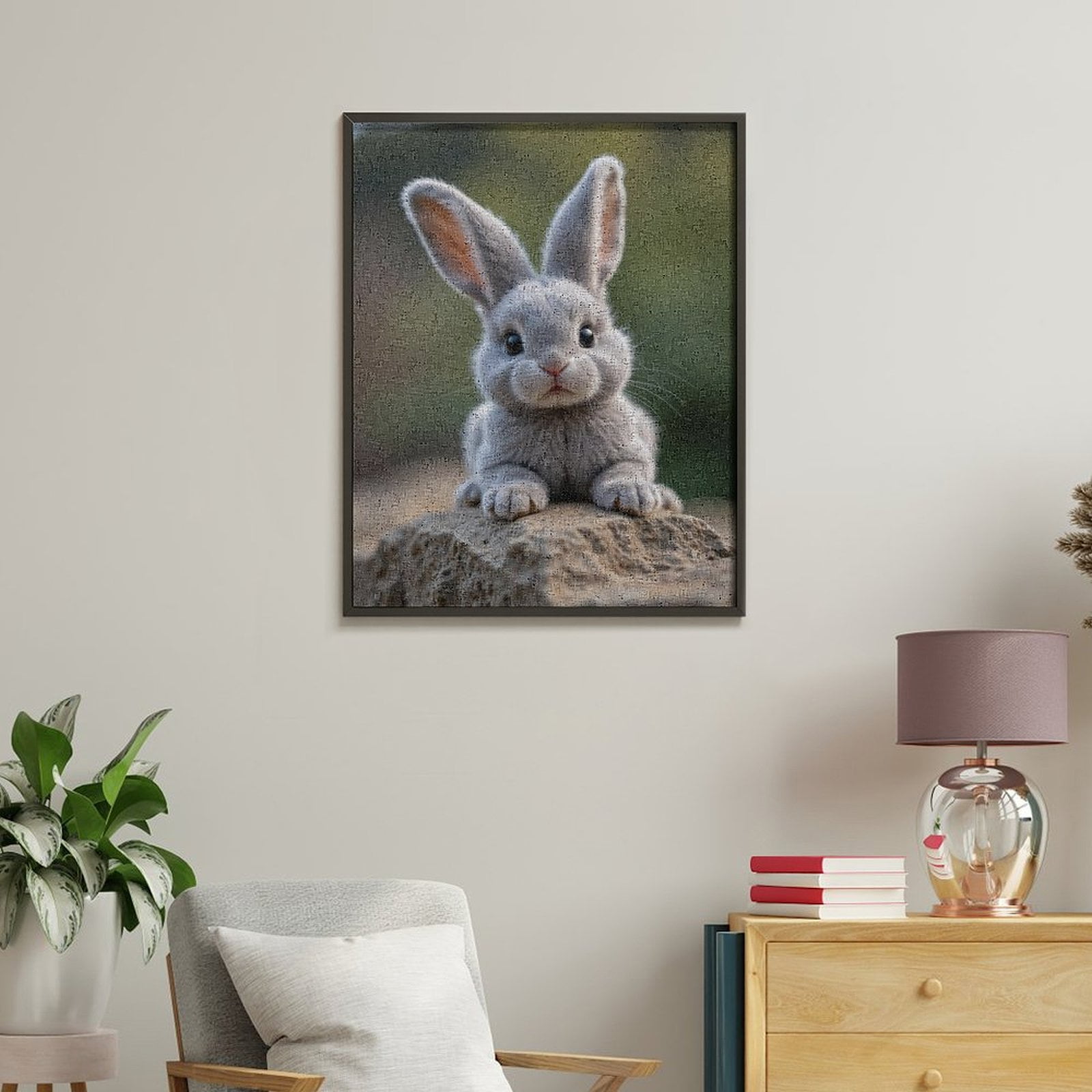Paint by Numbers Kit for Adults, Cute Gray Bunny On Rock Paint by Numbers, Easy Paint by Numbers Kit for Adults Beginner, DIY Adult Paint by Number Kits on Canvas, 12x16in Home Decor
