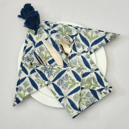 

Denim Stone Blue Olive Green Indian Hand Block Floral Printed Cotton Cloth Reusable Napkins - Cocktail Napkins 20x20 -Dinner Napkins