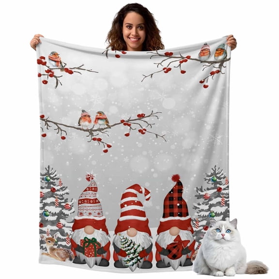 Christmas Flannel Blanket for Bed,Travel and Camping, Red Xmas Dwarf Pine Tree Branches Deer Bird Grey Super Soft Cozy Blanket for All Seasons 40"x50"
