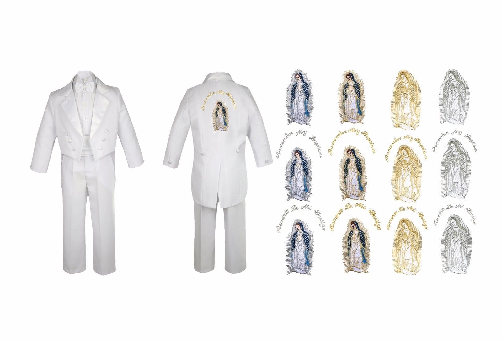 Baby Boy Kids Toddler Baptism White Tuxedo Color Silver Virgin Mary On Back Sm-7