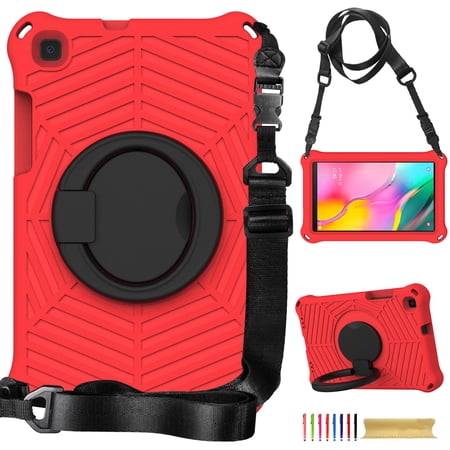 Kids Case for Samsung Galaxy Tab A 8.0 2019 SM-T290/SM-T295 with Pencil Holder/Multi-Function Kickstand-Handle/Shoulder Strap Protection Duty Shockproof Silicone Cover - Red