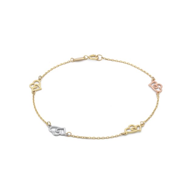 pulsera corazones enlazados 3 oros solido 10k pulsera de cadena fina de 18 cm con cuatro dijes de corazones enlazados de aprox. 0.6×0.5 cm en tonos amarillo, rosa y blanco y cierre mosquetón; peso aprox. 1.1 g, fondo blanco.