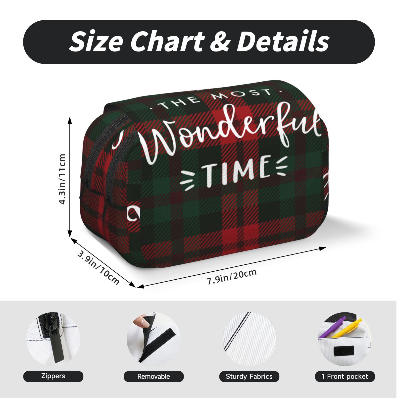 Rateoe Wonderful Time Christmas Pattern Double Clamshell Pen Case, Storage Organizer with Two Zipper Compartments– Holds Up to 50 Pencils & Pens
