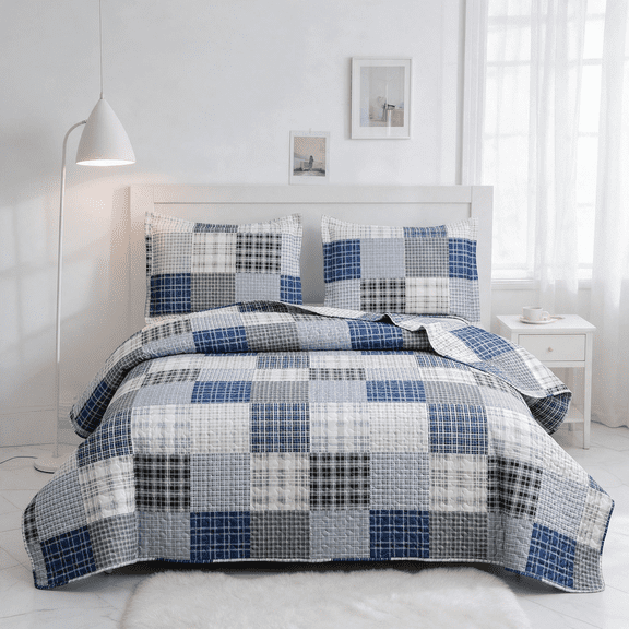 Smuge 3 Piece Full/Queen Size Reversible Check Plaid Patchwork Quilt Set, Lightweight Soft Microfiber Coverlet Bedspread,Navy Blue & Grey Plaid