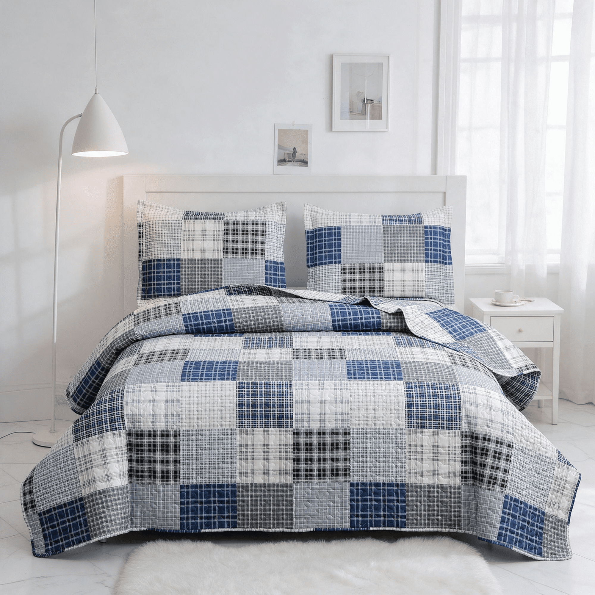 Smuge 3 Piece Full/Queen Size Reversible Check Plaid Patchwork Quilt Set, Lightweight Soft Microfiber Coverlet Bedspread,Navy Blue & Grey Plaid