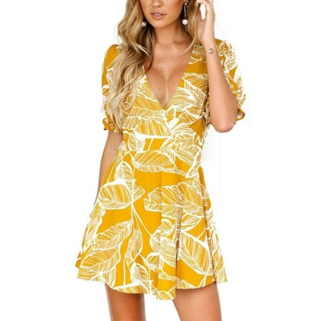 - Womens Summer Floral Boho Dress V Neck Beach Casual Holiday Party Mini Sundress