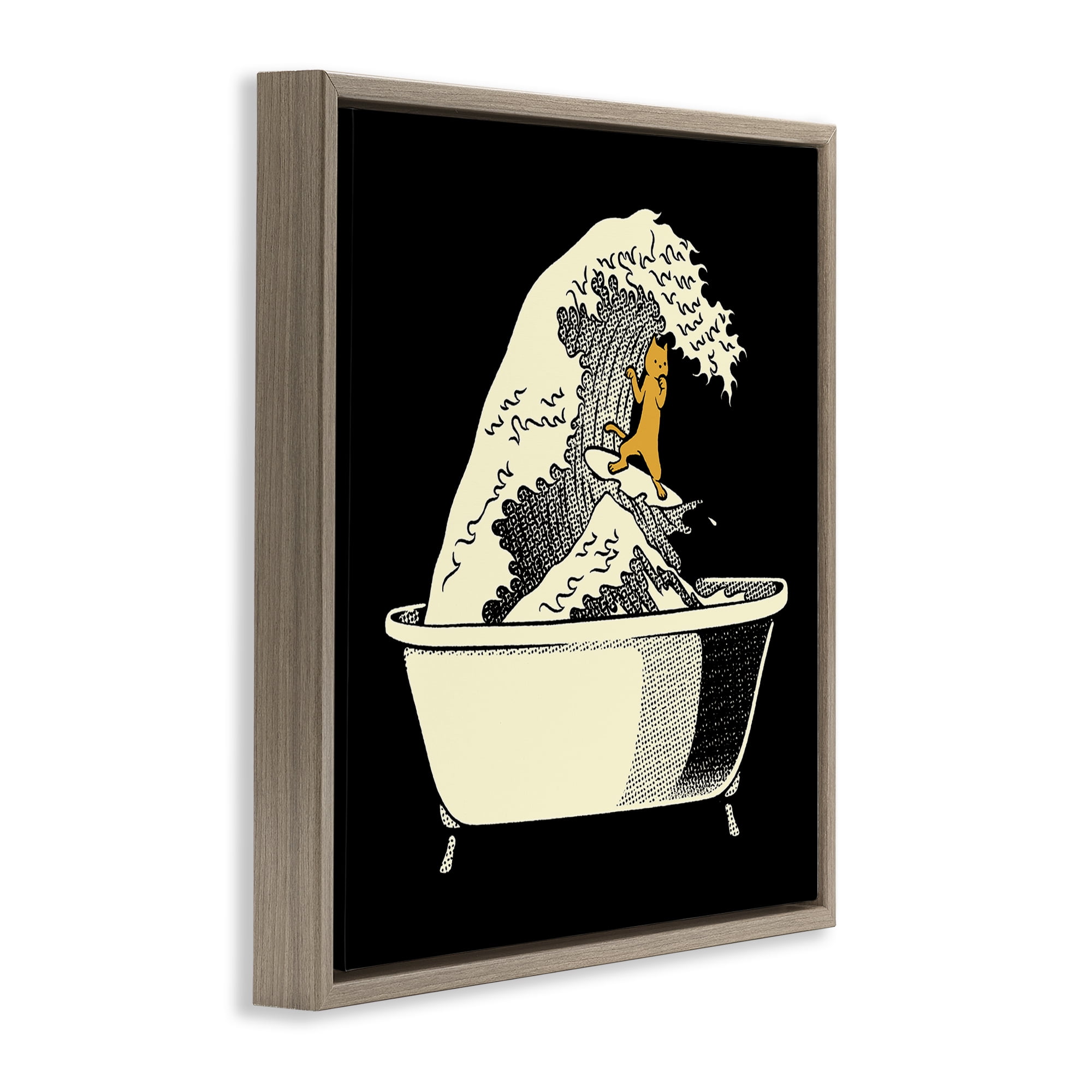 Stupell Industries Kanagawa Bathtub Cat Brown Framed Floater Canvas Wall Art, design by Tobe Fonseca
