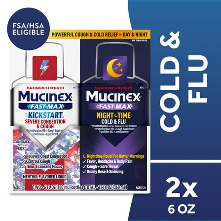 Mucinex Fast-Max Severe Congestion and Cough and Nighttime Cold and Flu Liquid, 2 Count, 6 fl oz Each