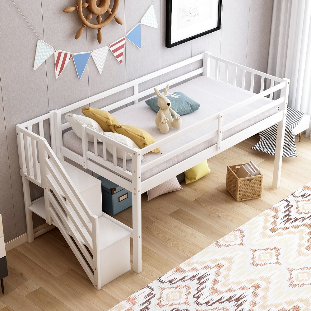Twin Floor Loft Bed with Stairs and Storage Shelves, Wood Low Twin Bed