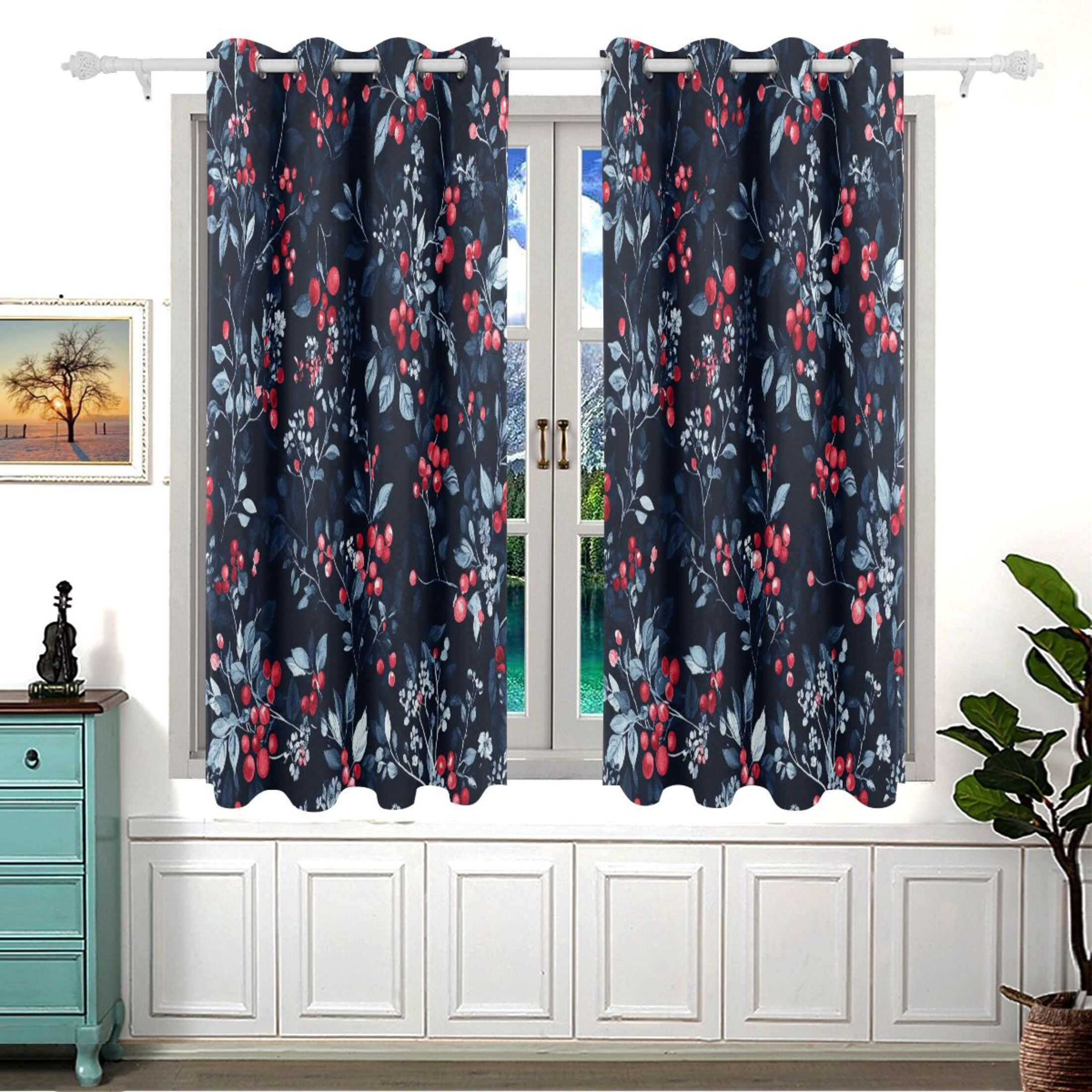 Berry and Leaf Blackout Curtains for Living Room Bedroom 55W x 54L Insulated Window Drapes 2 Panels