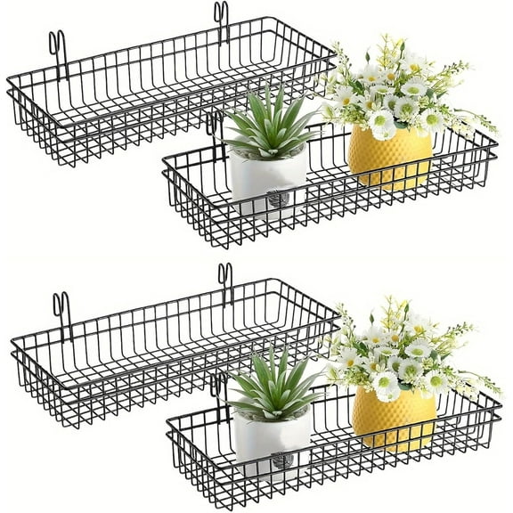 4 Pack 15.75 x 6 x 2.36 Inch Metal Grid Wall Baskets with Hooks, Hanging Wire Grid Basket, Multi-Function Wall Mounted Organizer for Kitchen Garden Organizing Display, Black