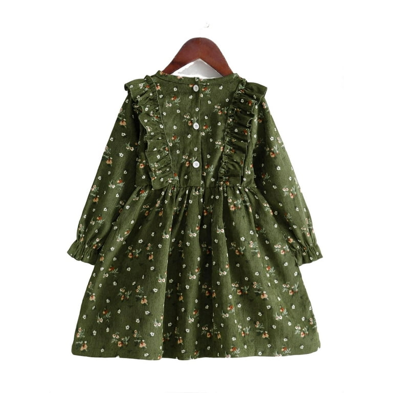 Cute Ditsy Floral Round Neck Smock Long Sleeve Olive Green Toddler