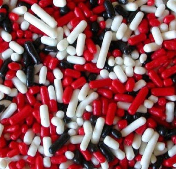 Red, Black, White Jimmies Edible Sprinkles 4 oz Packaged in a food