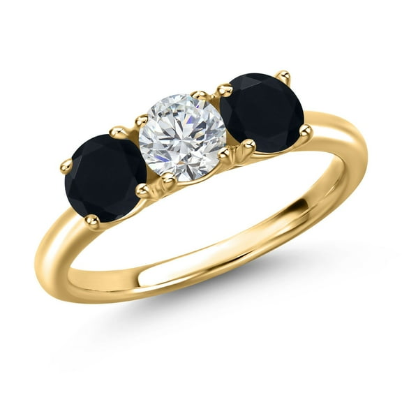 Gem Stone King 18K Yellow Gold Plated Silver Lab Grown Diamond and Black Onyx Engagement Ring for Women | 1.45 Cttw | Round 5MM | Gemstone April Birthstone | Size 6