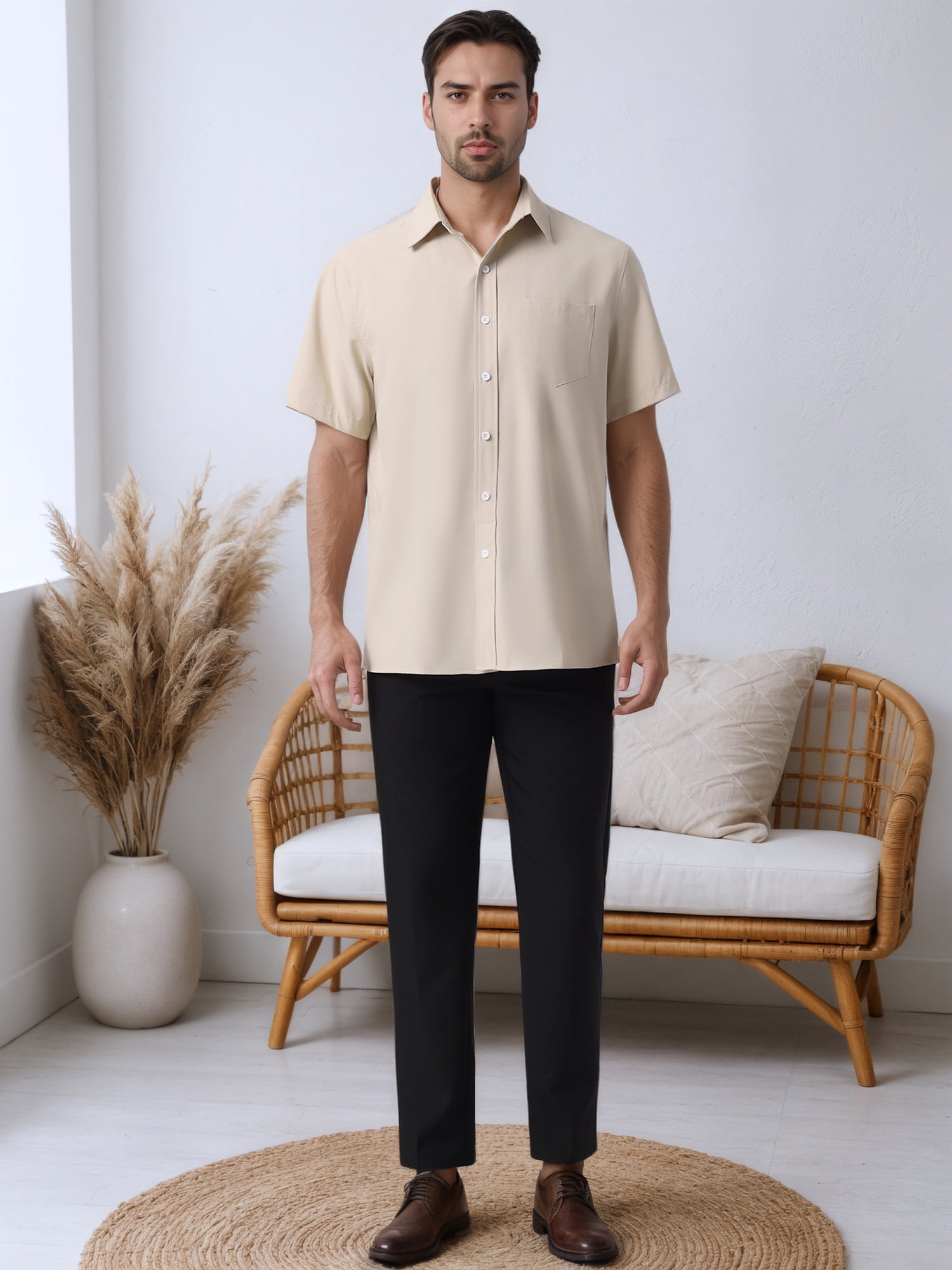 DARING DIVA Men's Linen Business Short Sleeve Button Down Formal Dress Shirts M Khaki